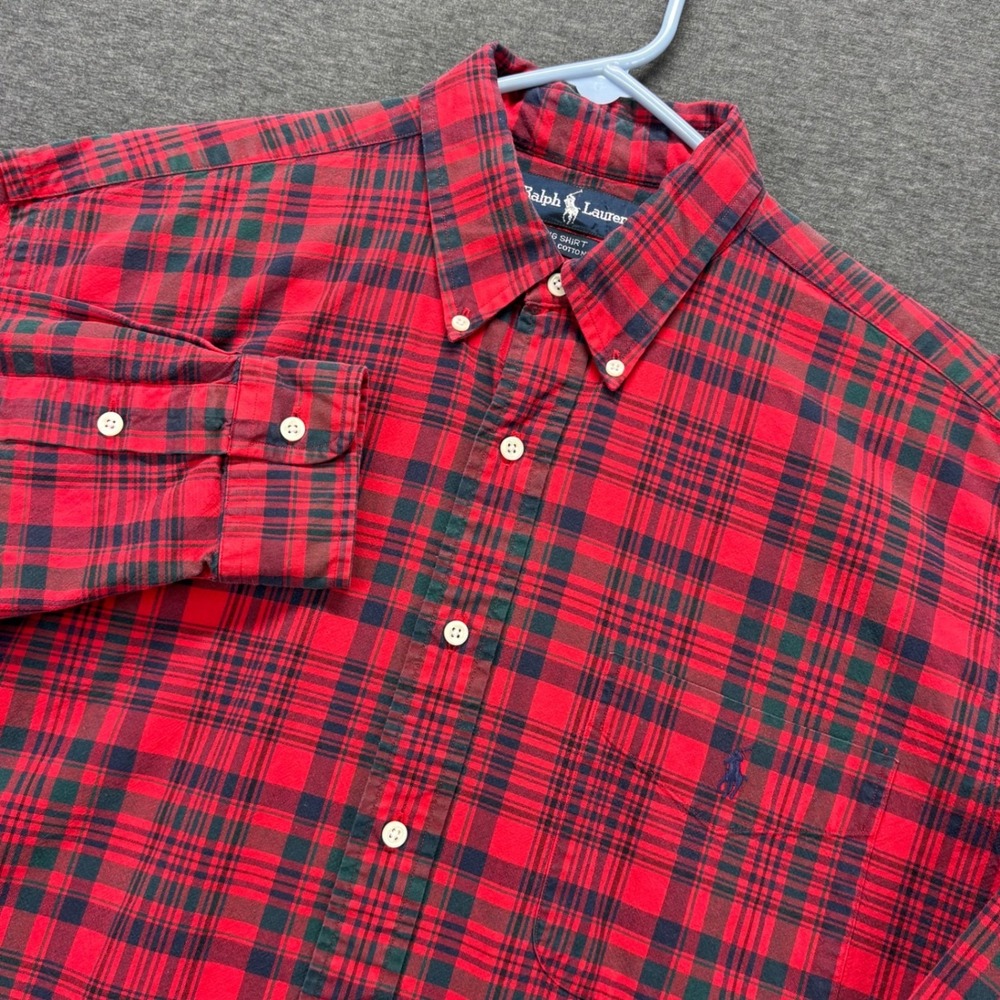 VTG Ralph Lauren Shirt Mens‎ M Red Green Plaid Big Shirt 100% Cotton Button Down